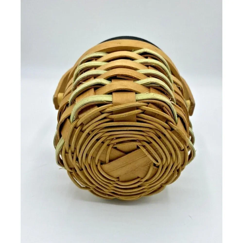 Sunflower Basket 3.75”x4.5” Handle Hinged Lid Woven Round Yellow Trinket Holder